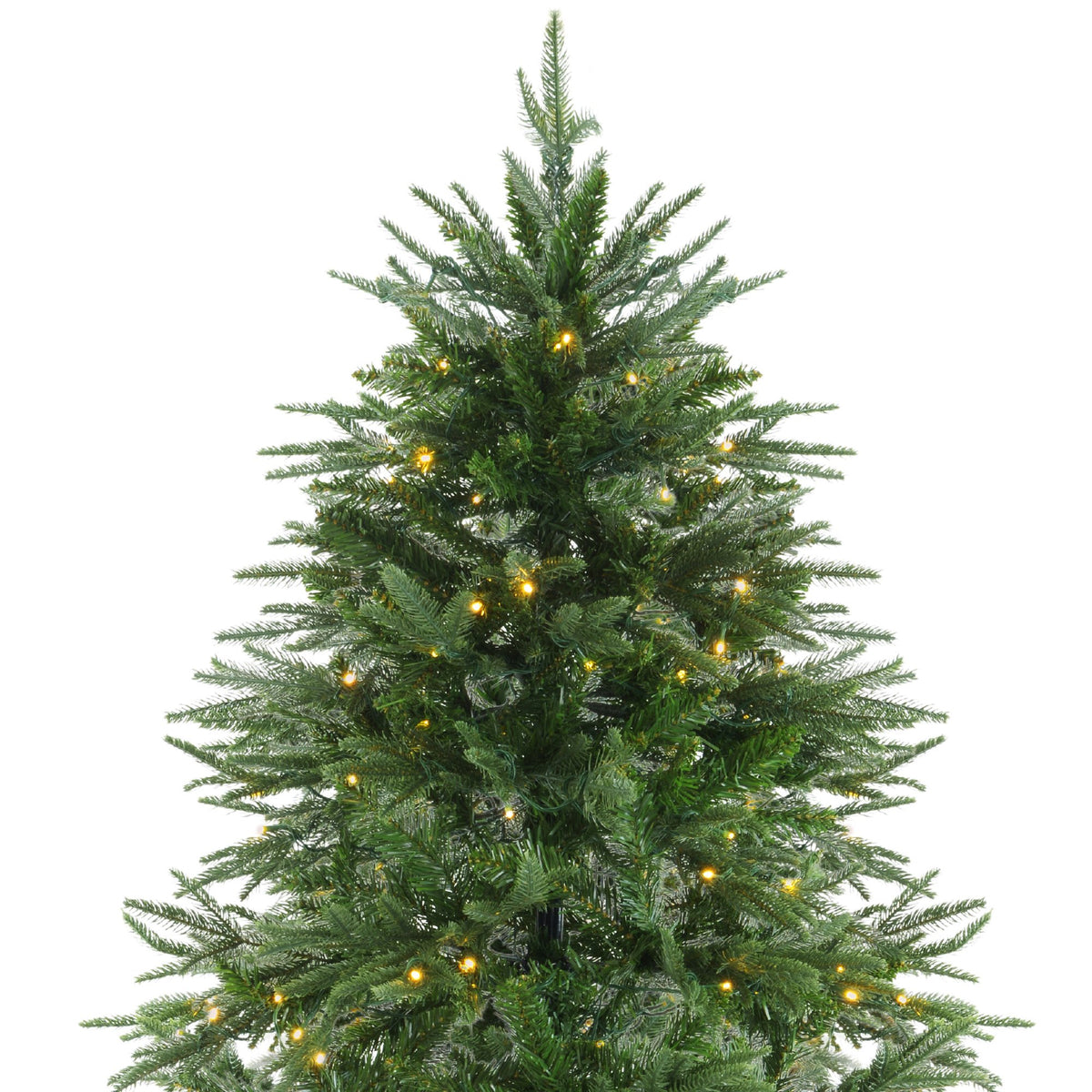 Close-up pre-lit Christmas tree with warm LED lights in green fir branches