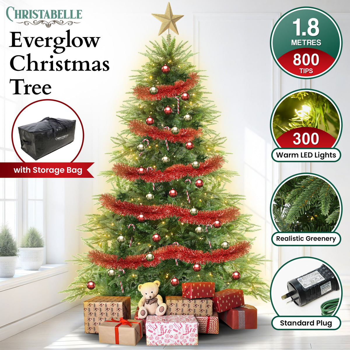 Everglow fir Christmas tree with warm LED lights and red bauble ornaments