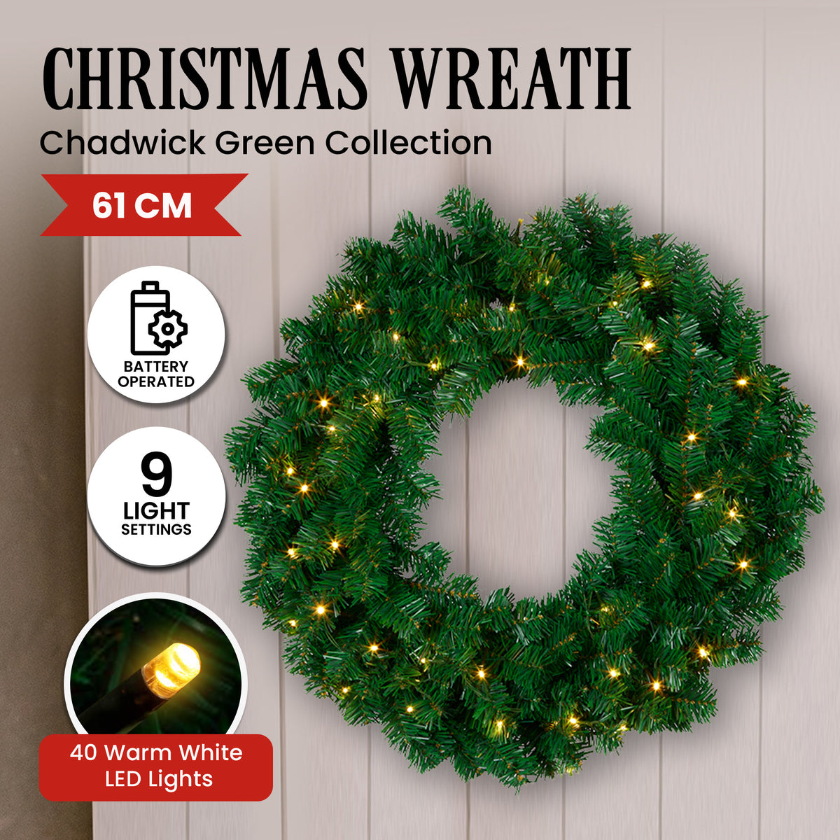 Chadwick green pre-lit wreath with warm white LEDs, 61cm diameter