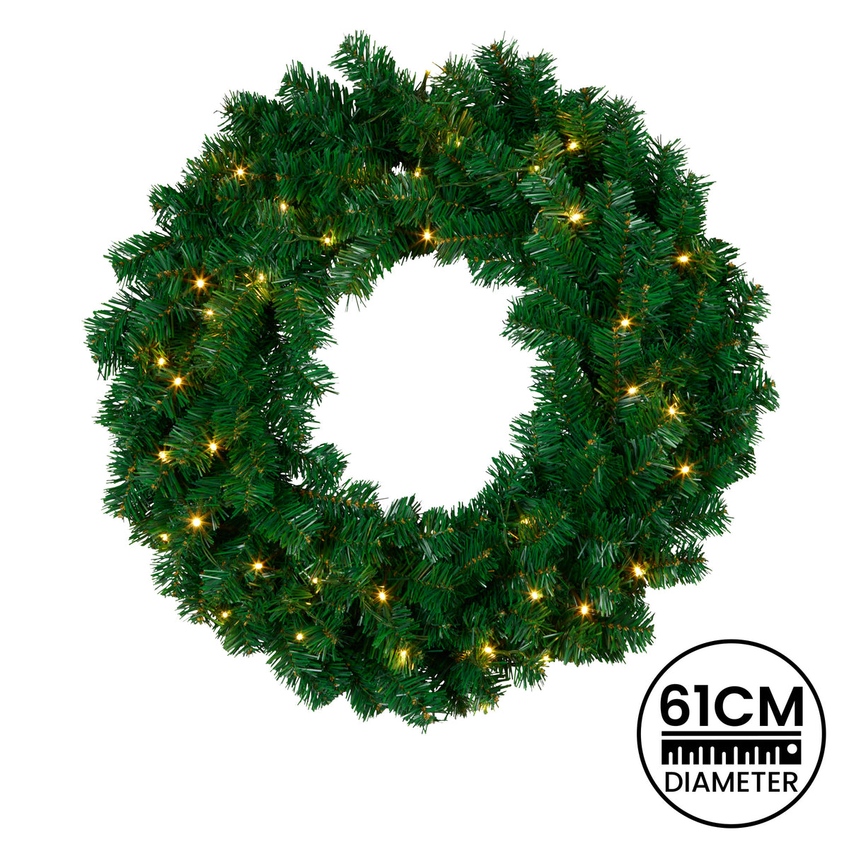 Green pre-lit Christmas wreath with warm white LEDs, 61cm diameter
