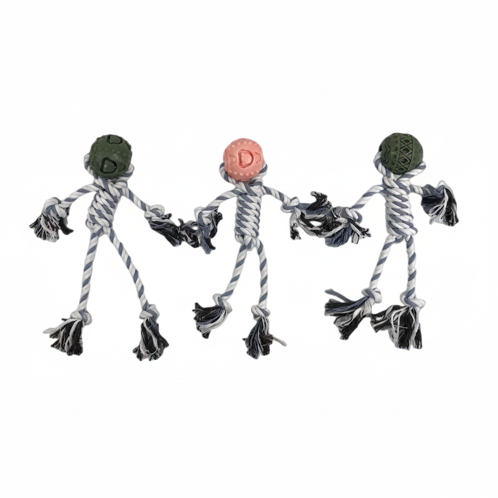 Three dog toys with rope and textured ends on a white background