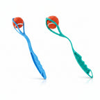 Two blue and green pet toys with red balls on a white background