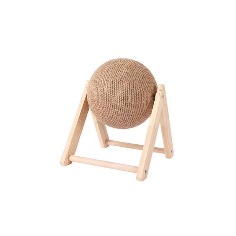 A natural wood A-frame cat scratching stand holding a spherical ball wrapped in tan sisal rope, shown on a plain white background.