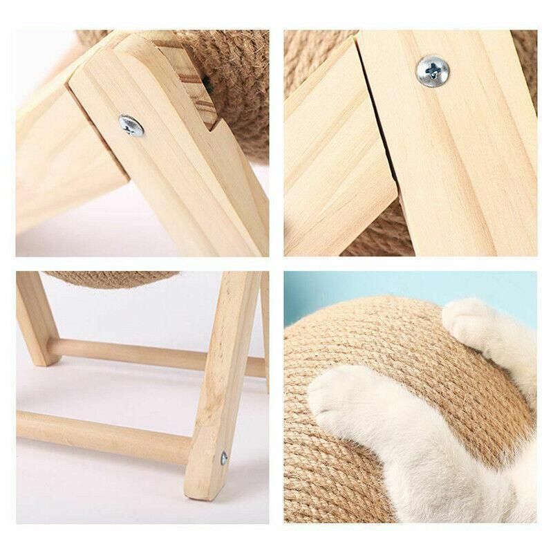 Natural sisal cat scratching ball toy on wooden stand with metal screws