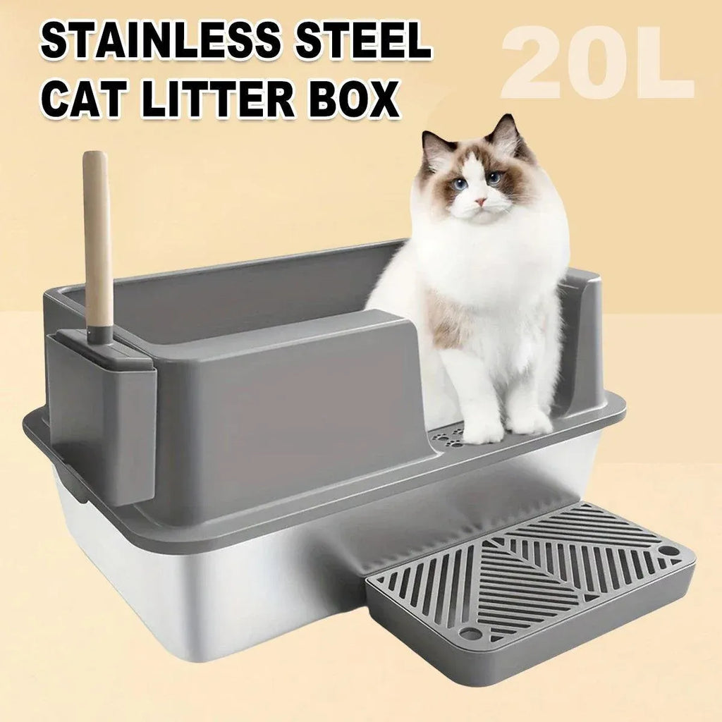 Grey stainless steel cat litter box set with scoop and two litter trays
