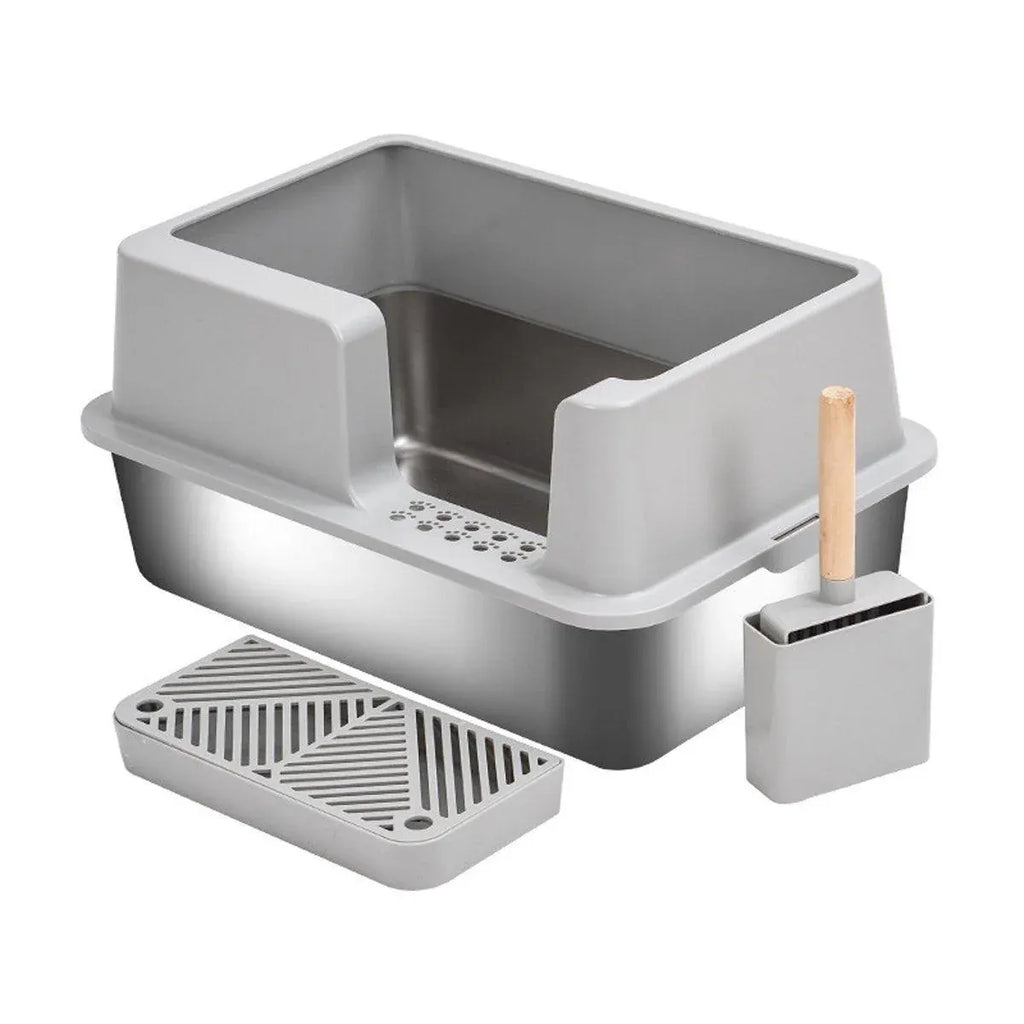 Grey multi-compartment cat litter box with side scoop, grate tray, and small bin