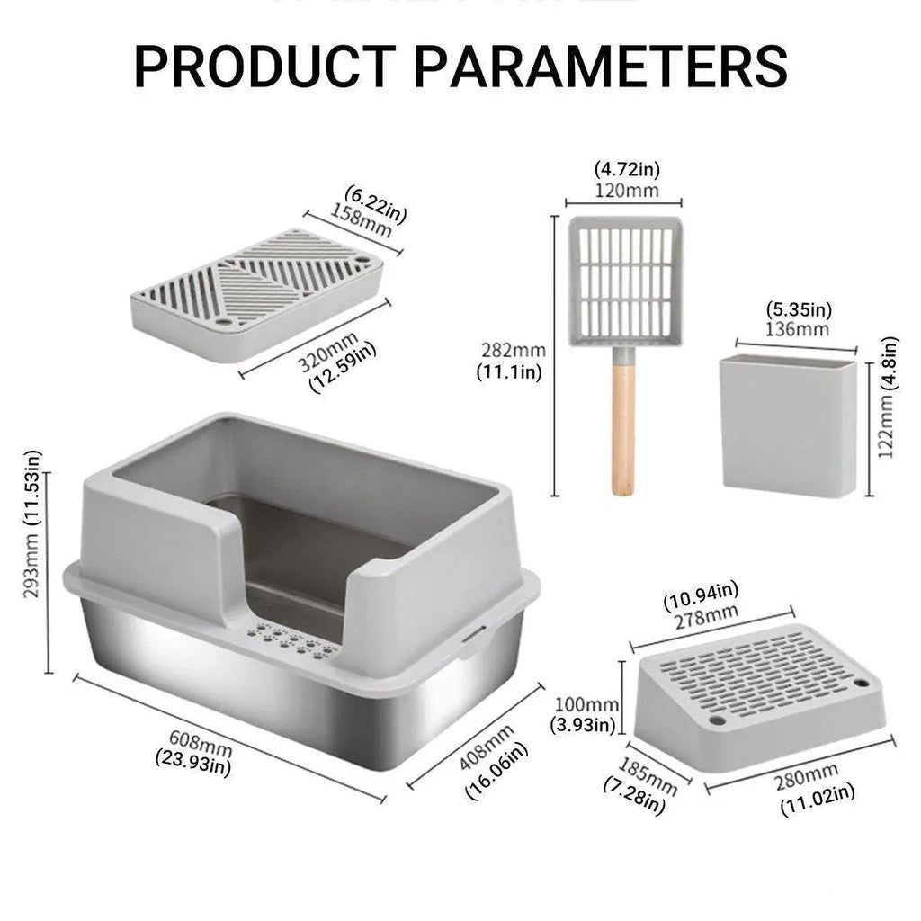 Grey cat litter box set diagram with included trays and scoop dimensions