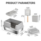 Grey cat litter box set diagram with included trays and scoop dimensions