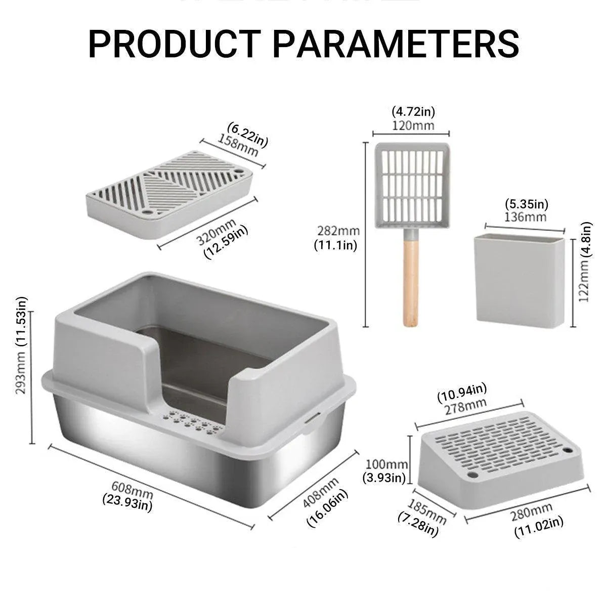 Grey cat litter box set diagram with included trays and scoop dimensions