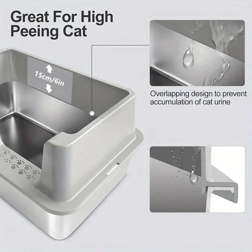 Grey covered cat litter box with high side walls and overlapping entry guard