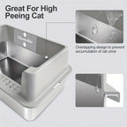 Grey covered cat litter box with high side walls and overlapping entry guard