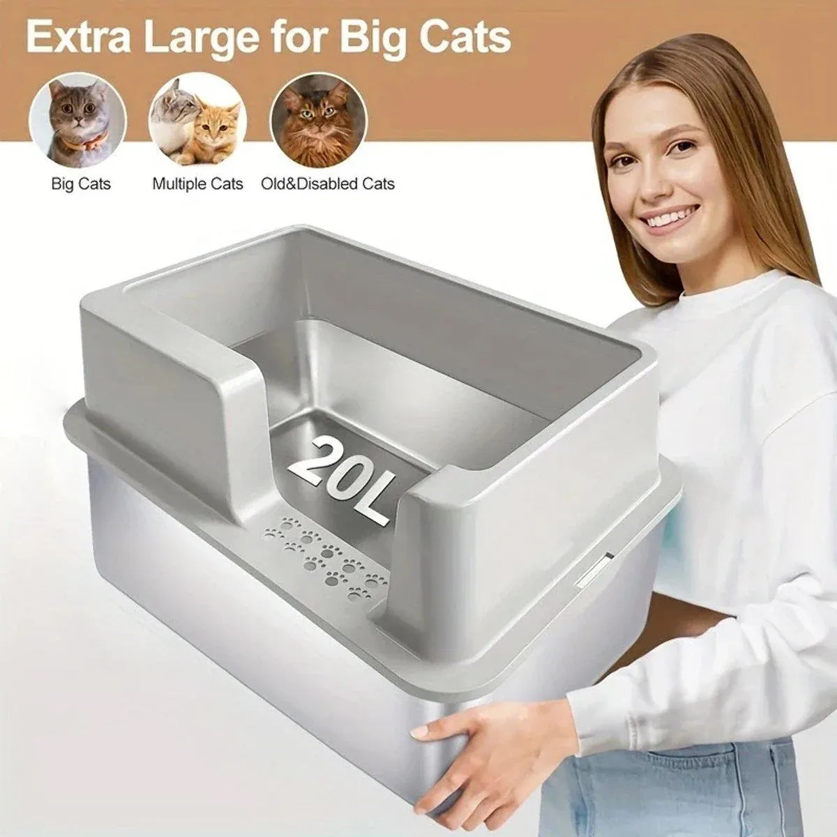 Extra-large grey cat litter box with high sides and integrated scoop holder