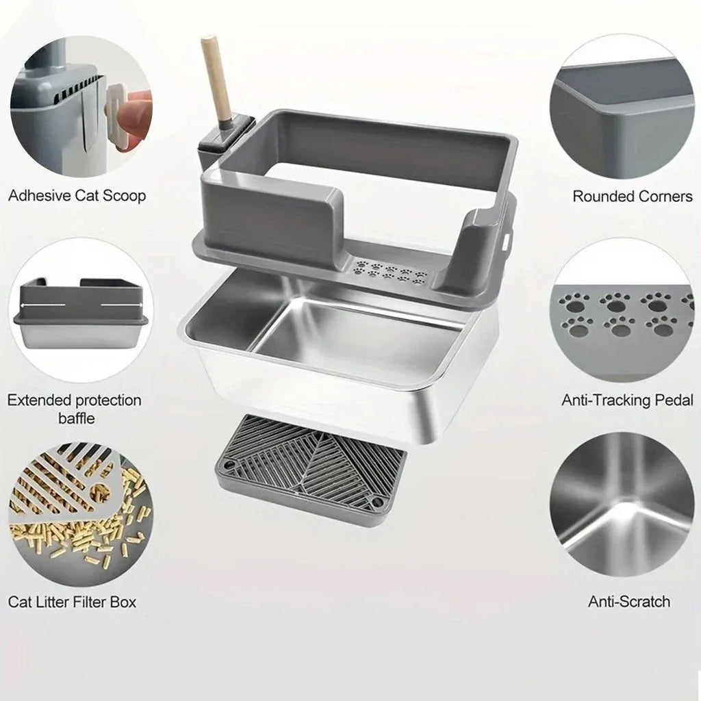 Grey cat litter box set with filter tray, anti-tracking pedal, and scoop