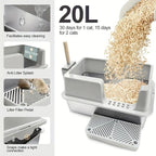 Grey litter box set with paw-wash grate, 20L bin, and detachable scoop