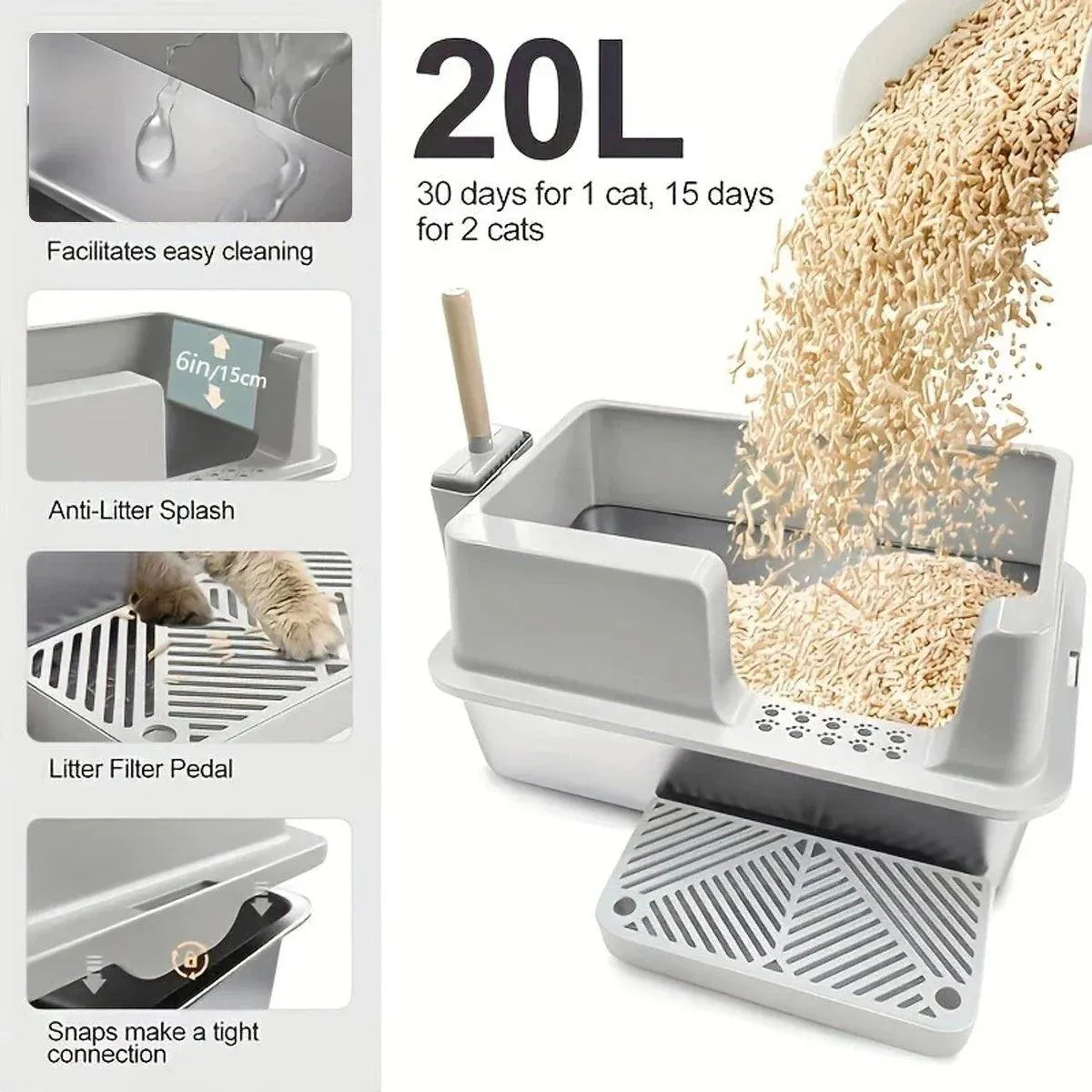 Grey litter box set with paw-wash grate, 20L bin, and detachable scoop