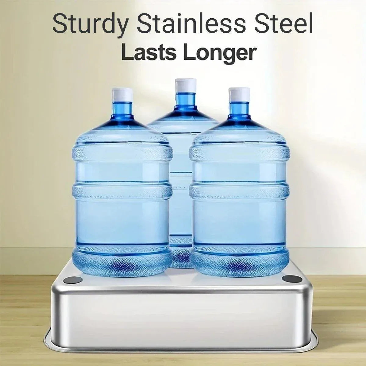 Sturdy grey stainless steel base for cat litter box under bottle weight