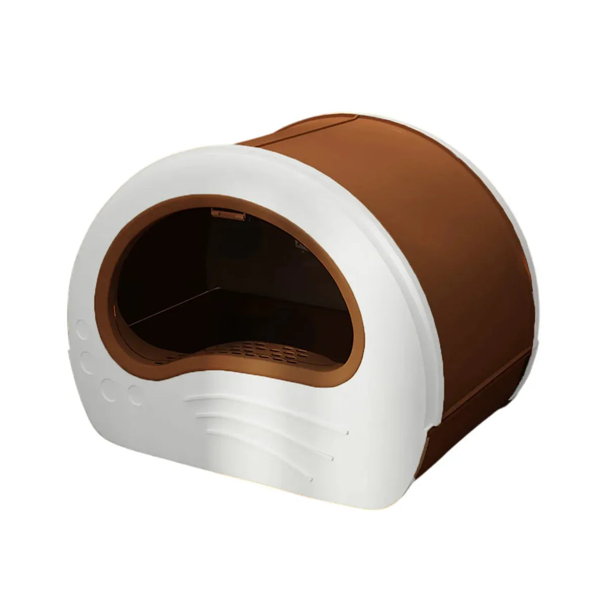 Large fully enclosed cat litter box with oval entry and brown top