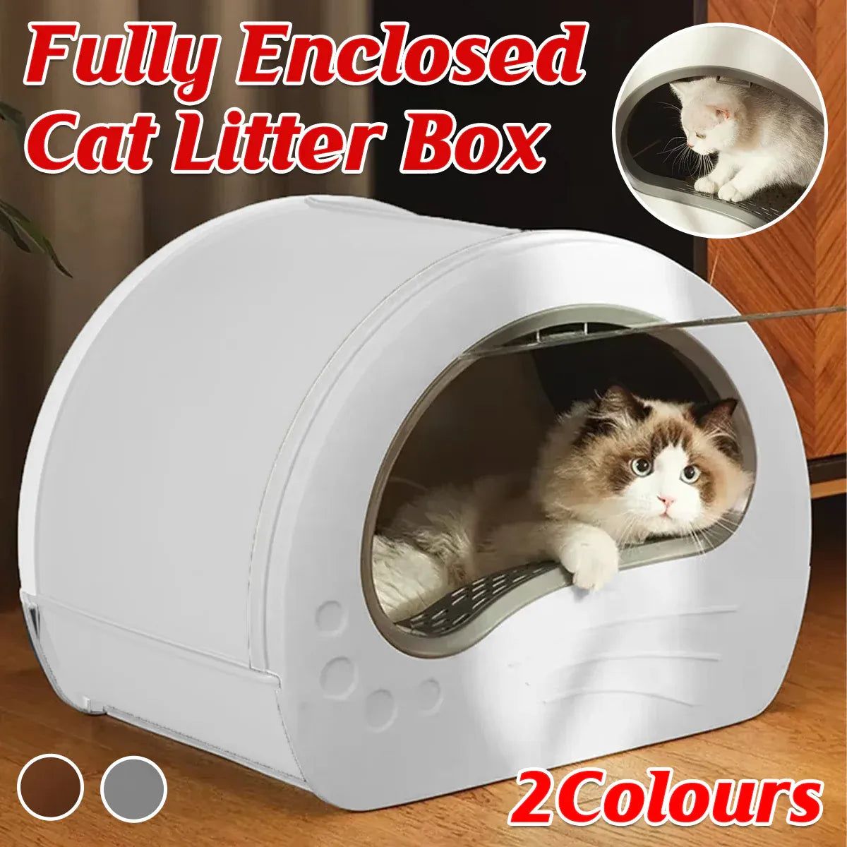 Large enclosed cat litter box with round front door; cat inside; white and brown
