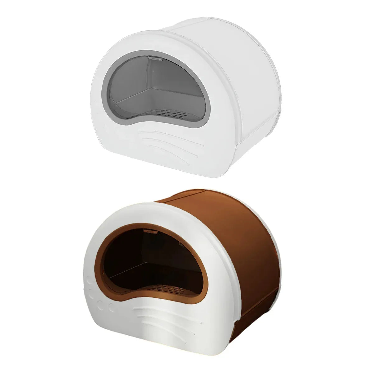 Fully enclosed cat litter box showing front entry; white base and brown top