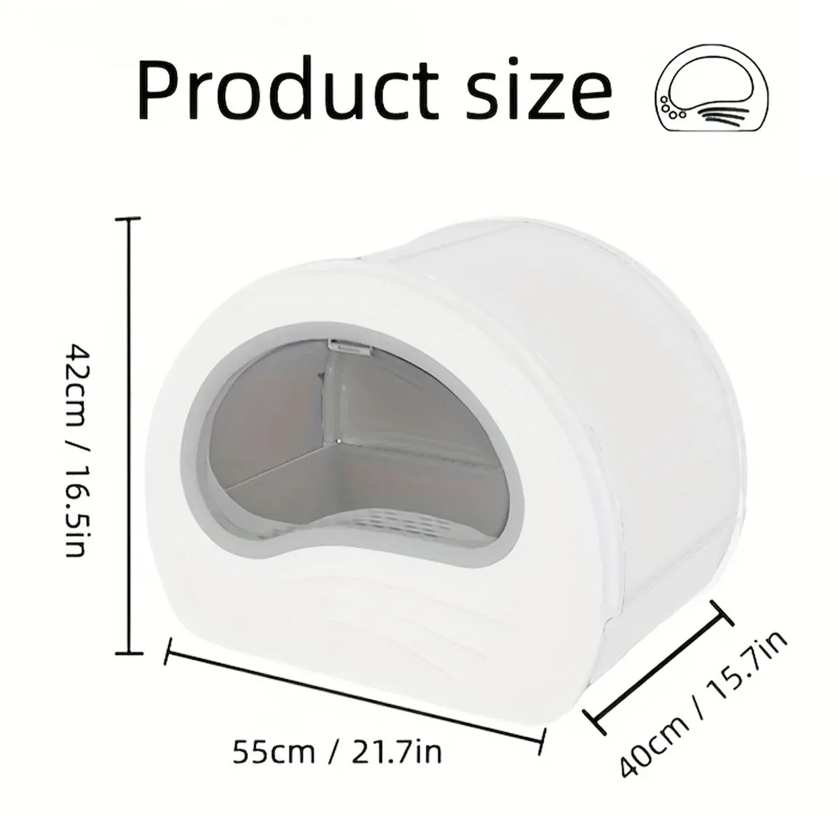 Large cat litter box size diagram with oval entry and vented base