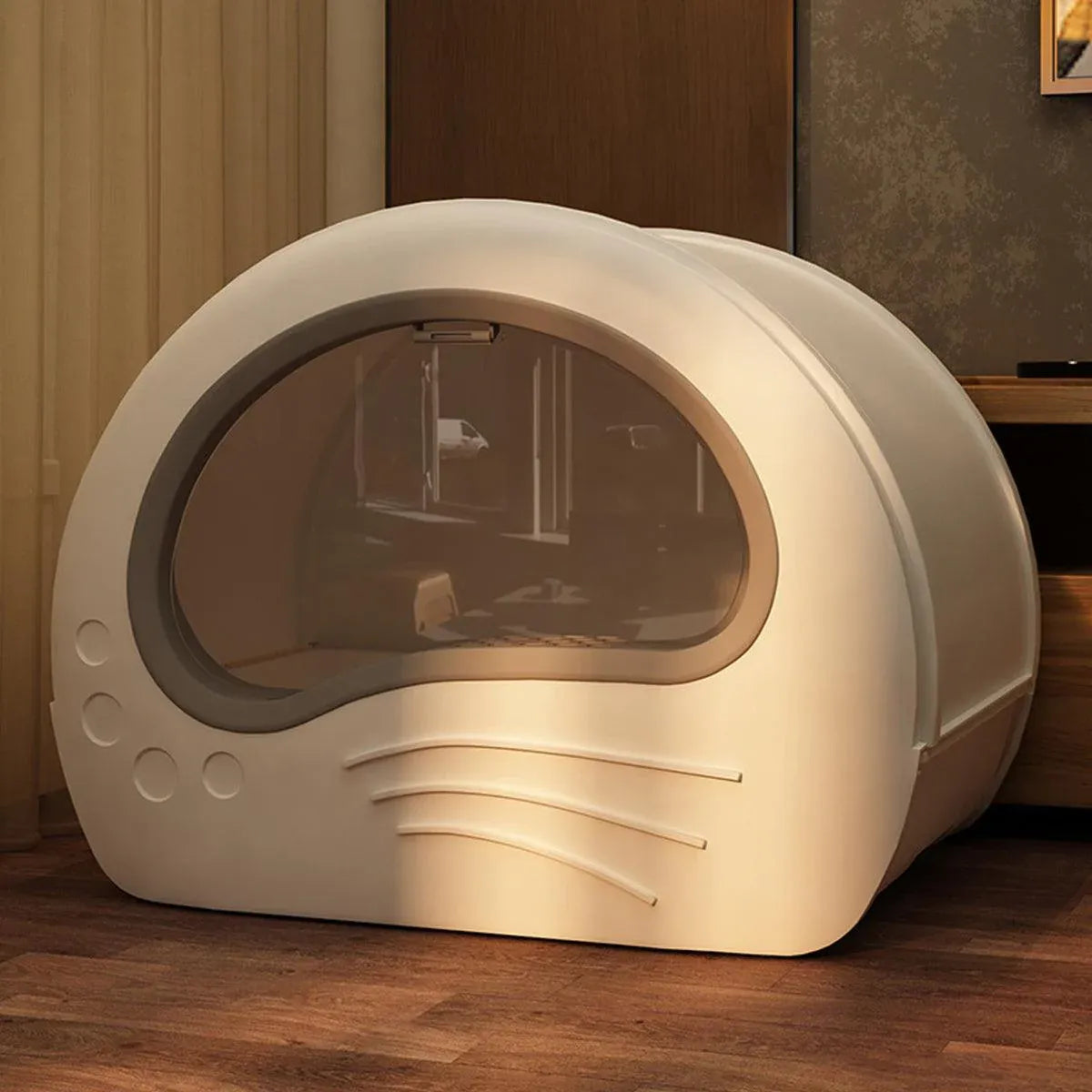 Large enclosed cat litter box with curved oval door; white and coffee color