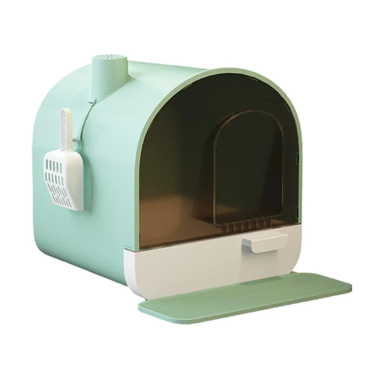 Mint green enclosed cat litter box with arched entrance and front drawer