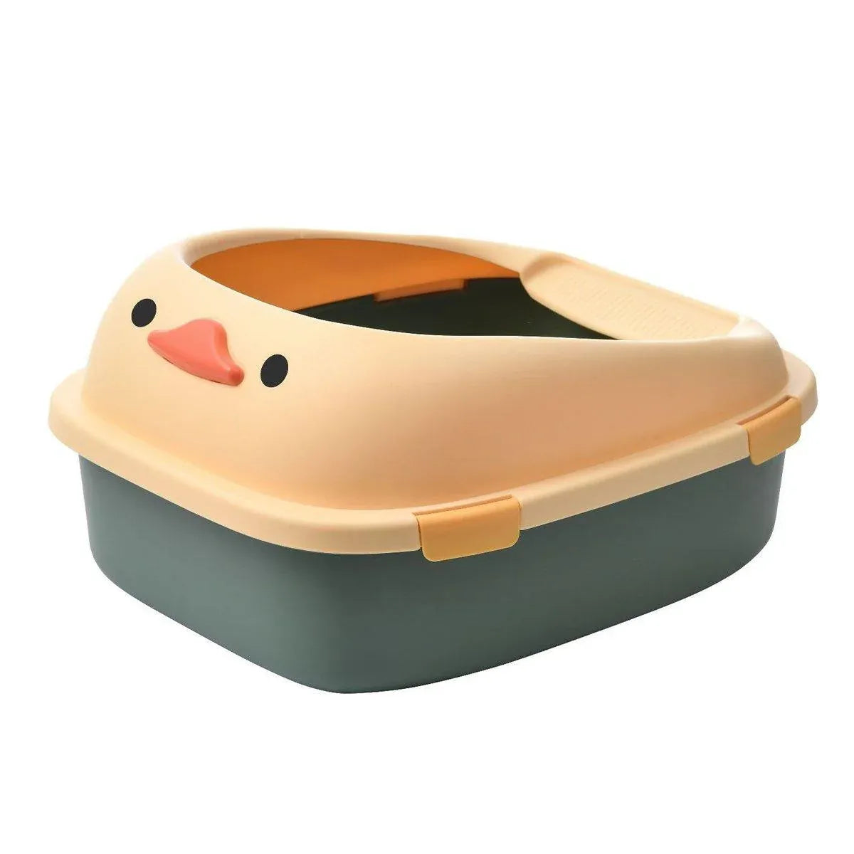 Semi-enclosed cat litter box with cream lid, teal base and latch; cat-face front