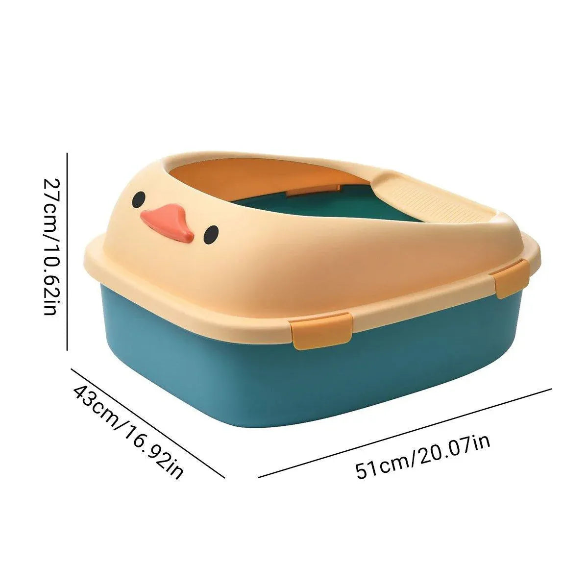 Semi-enclosed cat litter box with cat-face cream hood and teal base