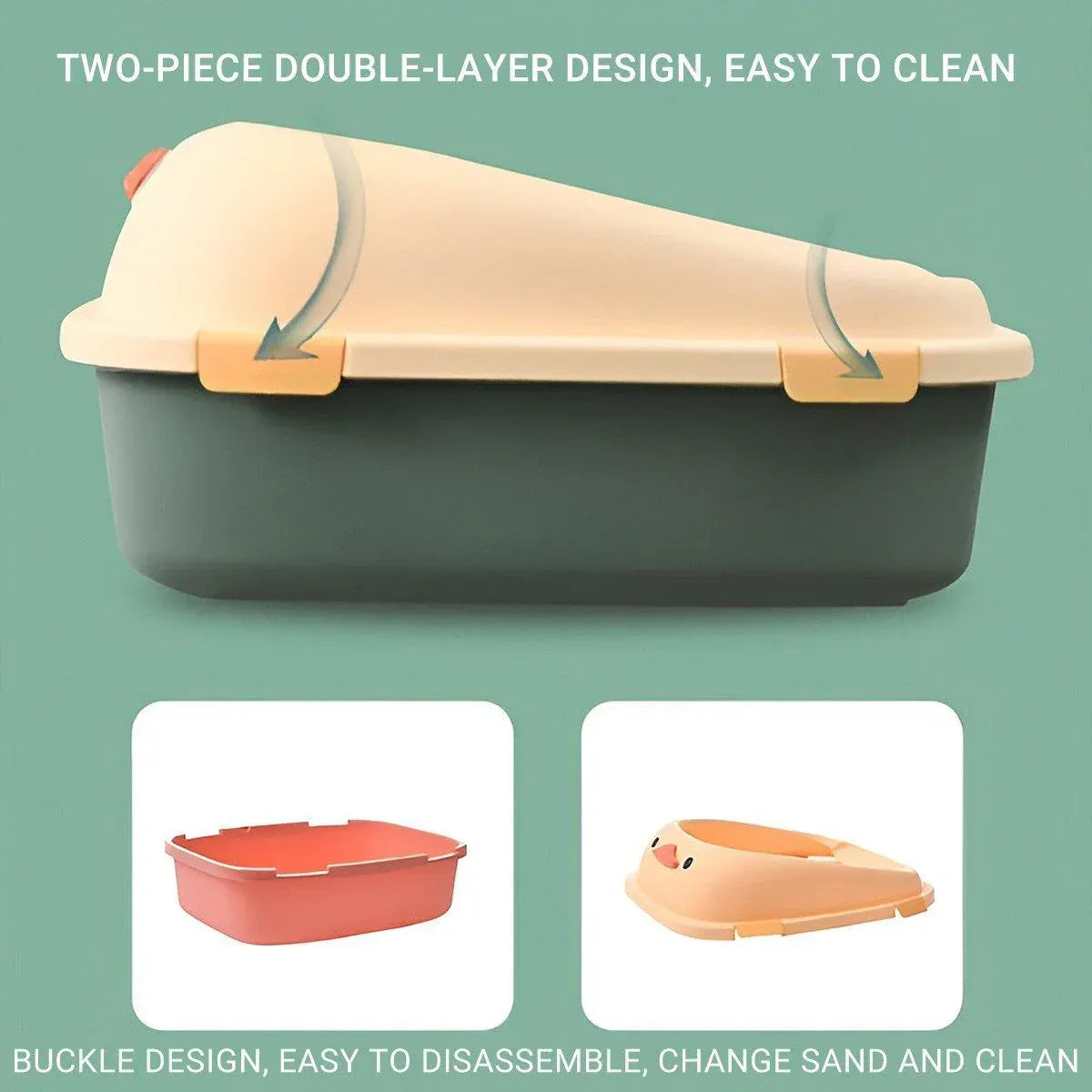 Semi-enclosed cat litter box with cream open hood, side latches and teal base