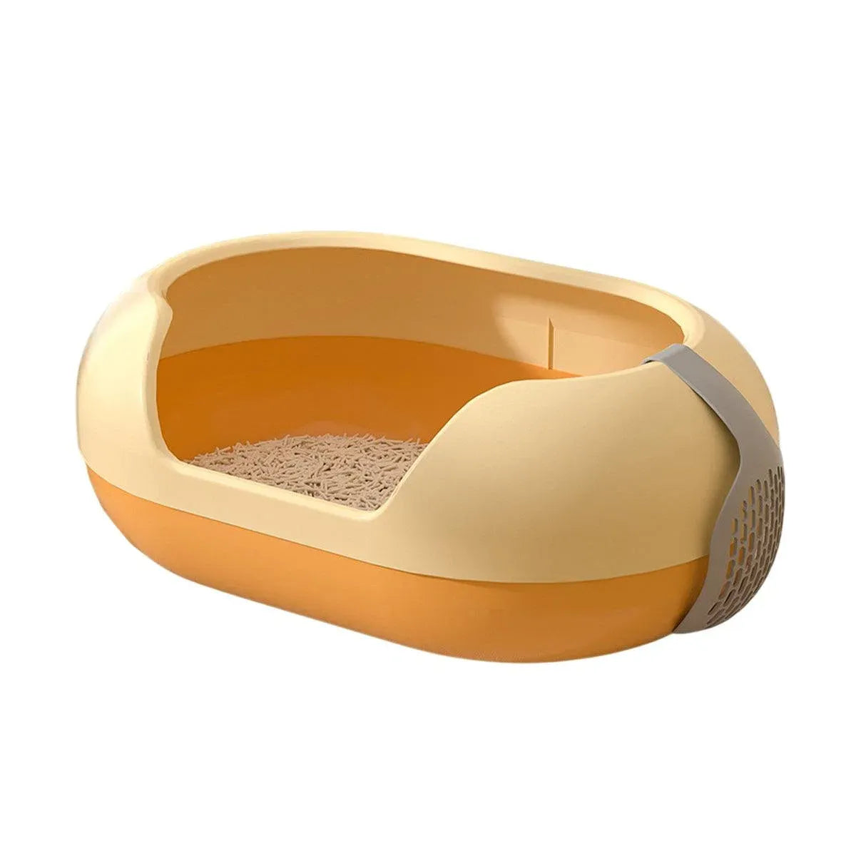 Large semi-closed cat litter box with side entrance, orange and cream design