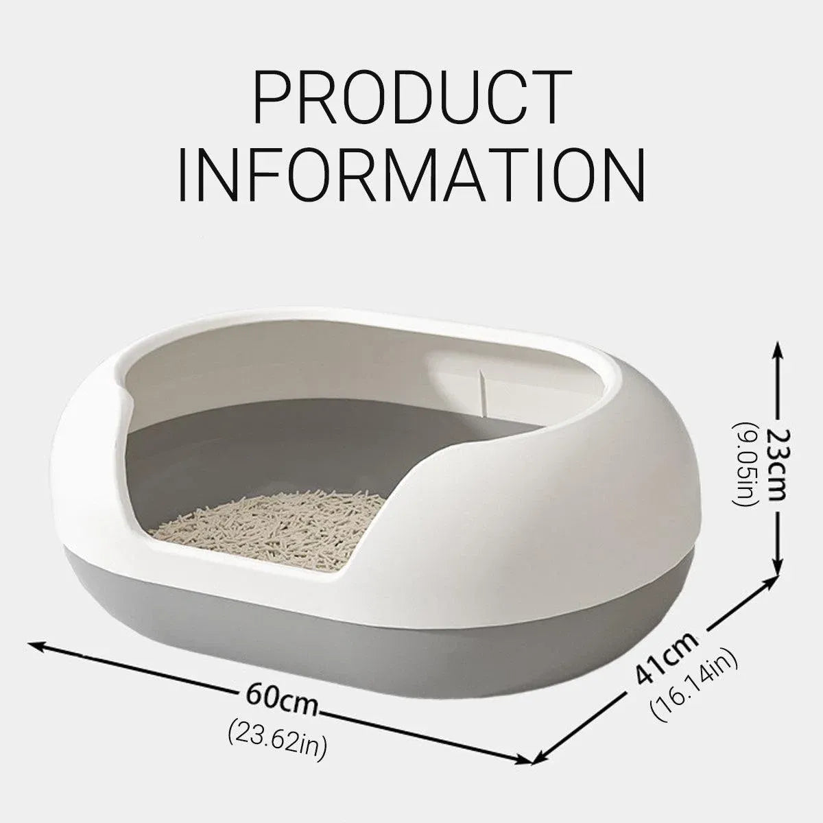 Large semi-closed cat litter box, gray base and white top with side opening