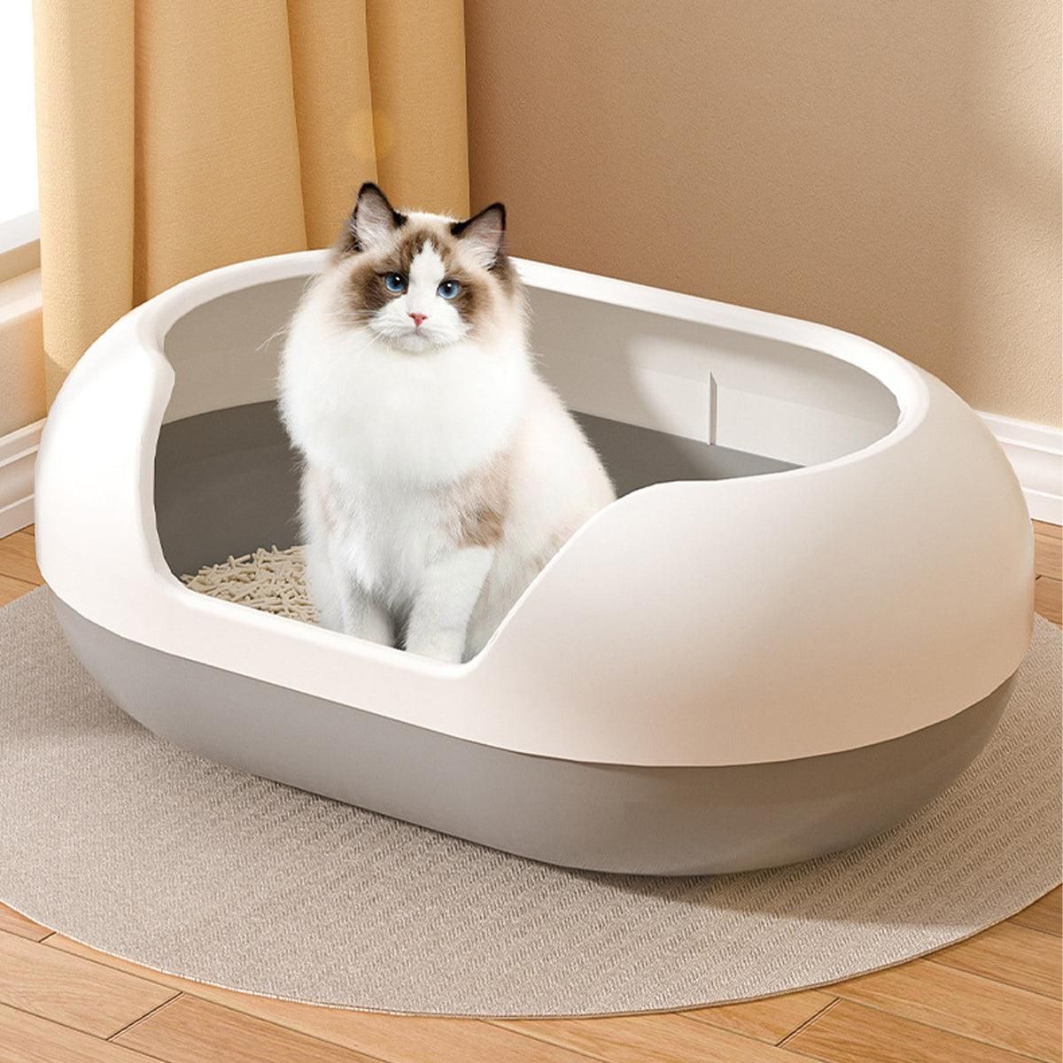 Large semi-closed cat litter box with side entrance, white with dark gray base