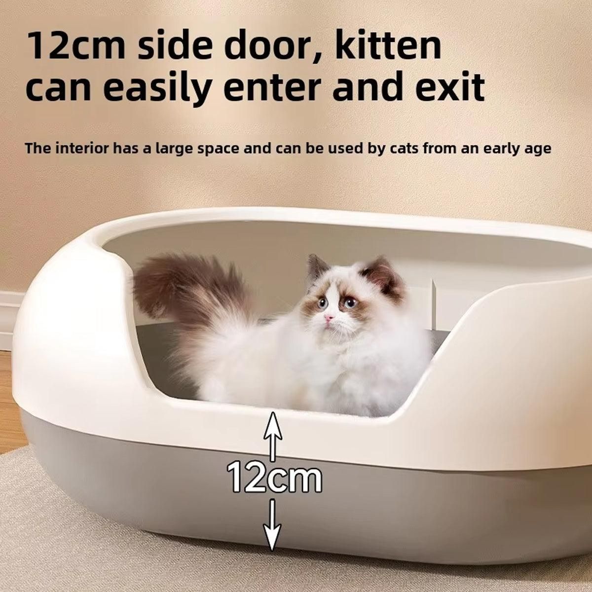 Large semi-closed cat litter box with 12cm side door opening, white and gray