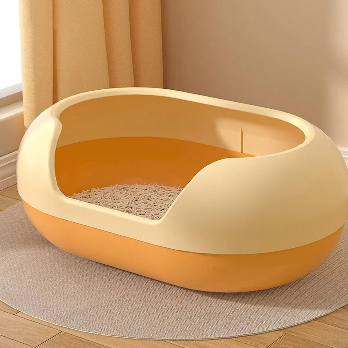 Large semi-closed cat litter box with side entrance, orange base and cream top