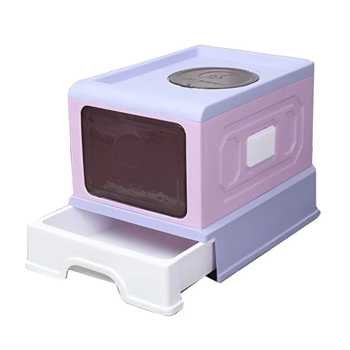 Purple enclosed foldable cat litter box with dark front door and top access