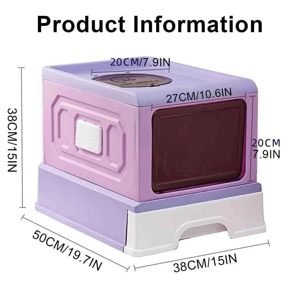 Purple enclosed cat litter box with front door window and drawer-style base