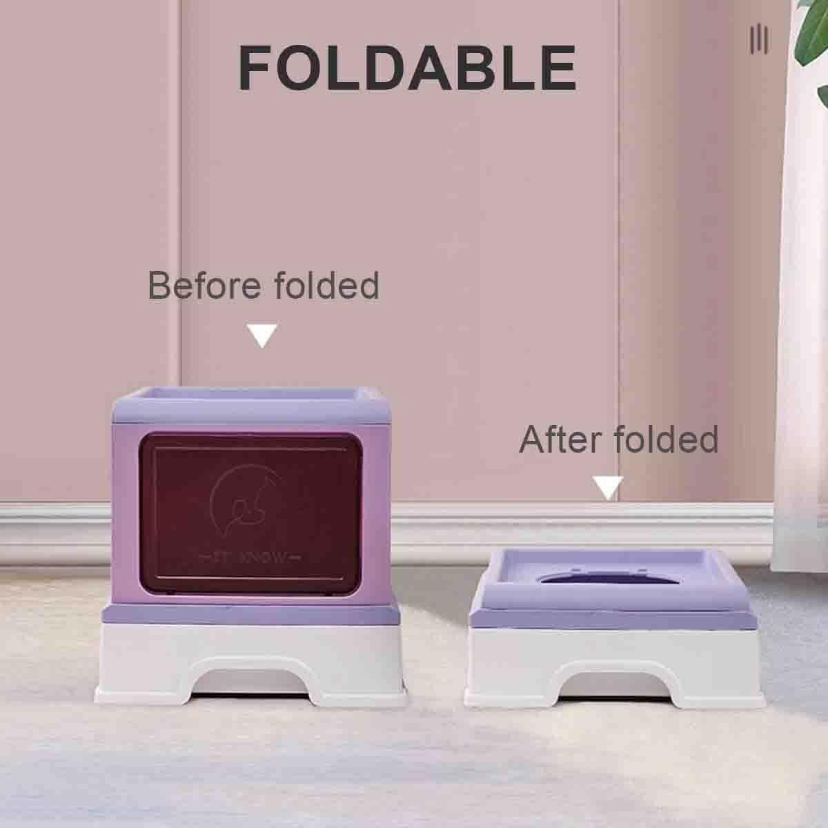 Foldable enclosed cat litter box shown before and after folding, compact base
