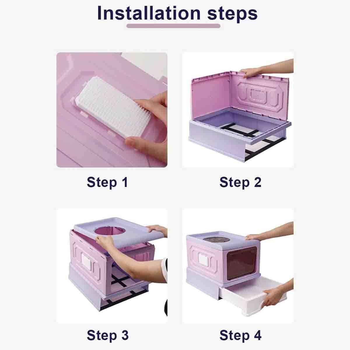 Enclosed cat litter box installation steps with folded panels and open base tray