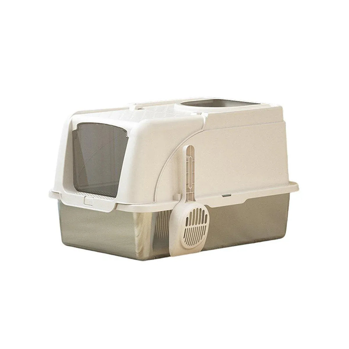 Large white cat litter box with covered entrance and front latch