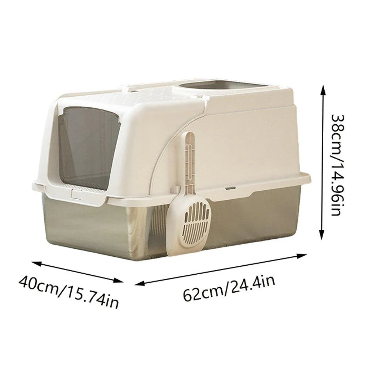 Large white cat litter box with integrated door and covered opening