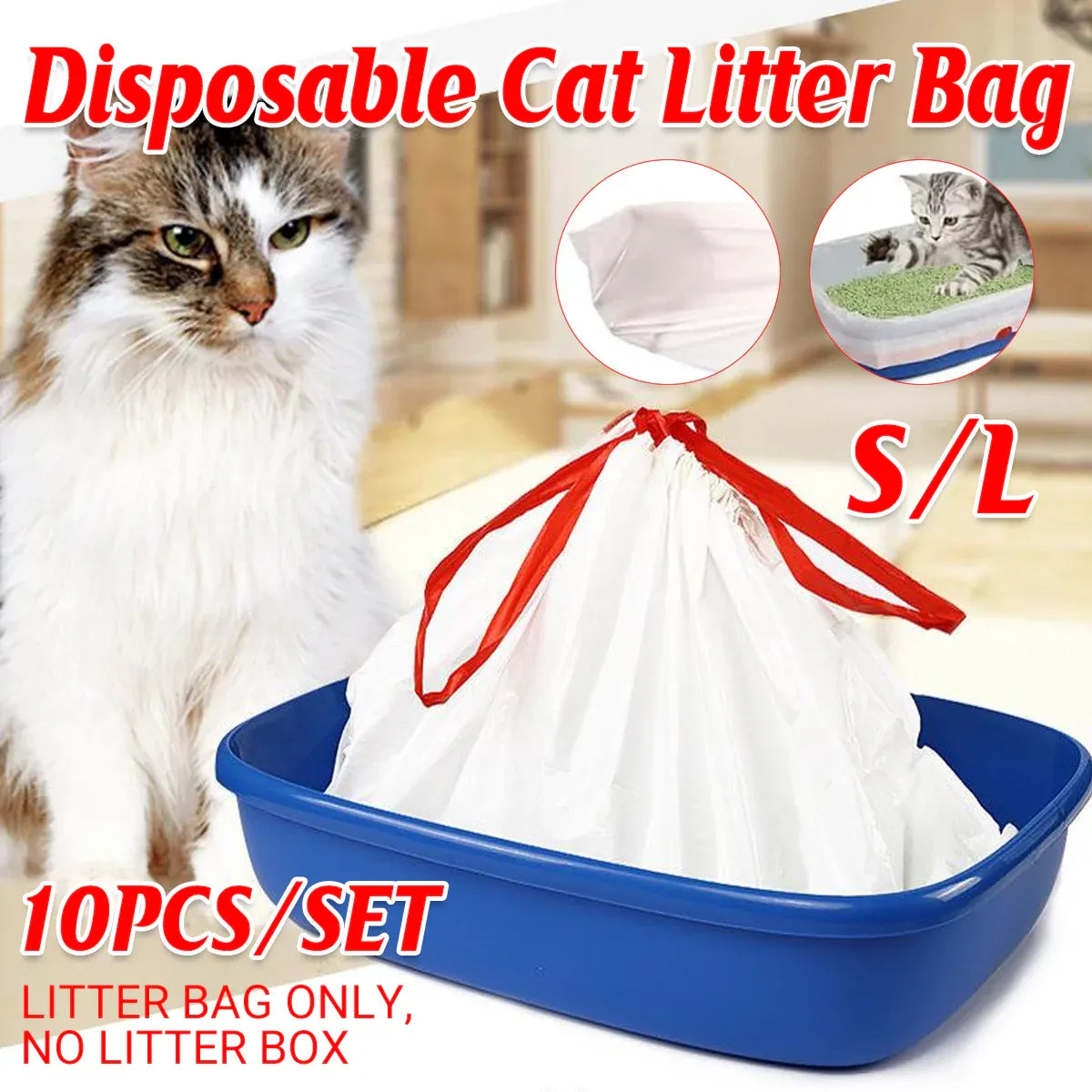 White disposable cat litter bag lining a litter tray with red drawstring ties