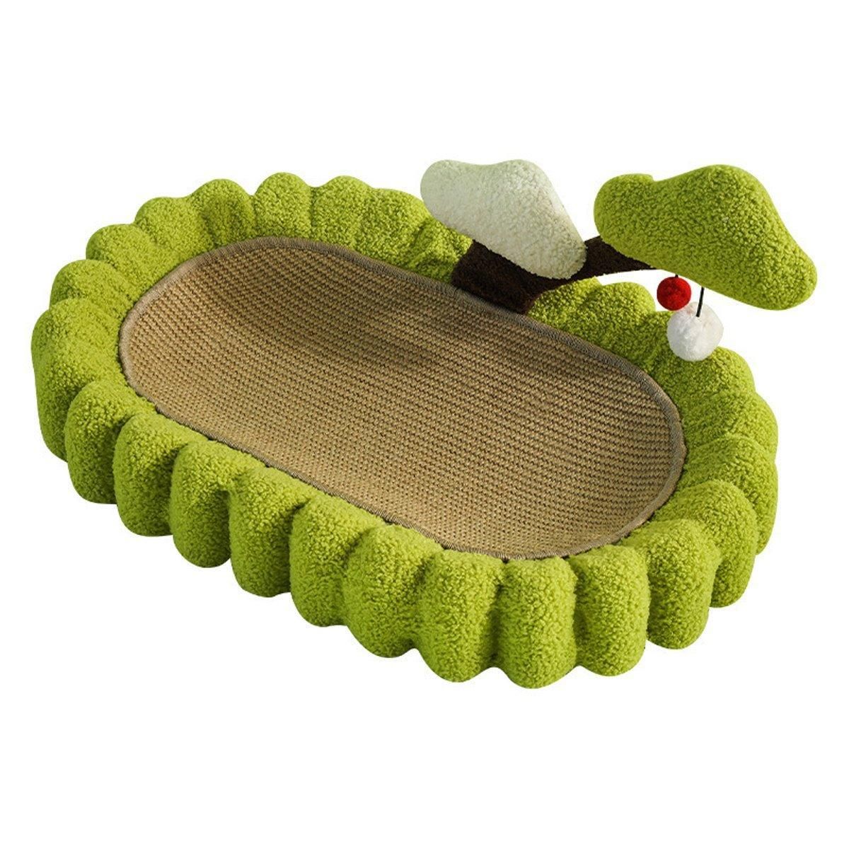 Green cat toy shaped like a leaf with a scratching pad on a white background