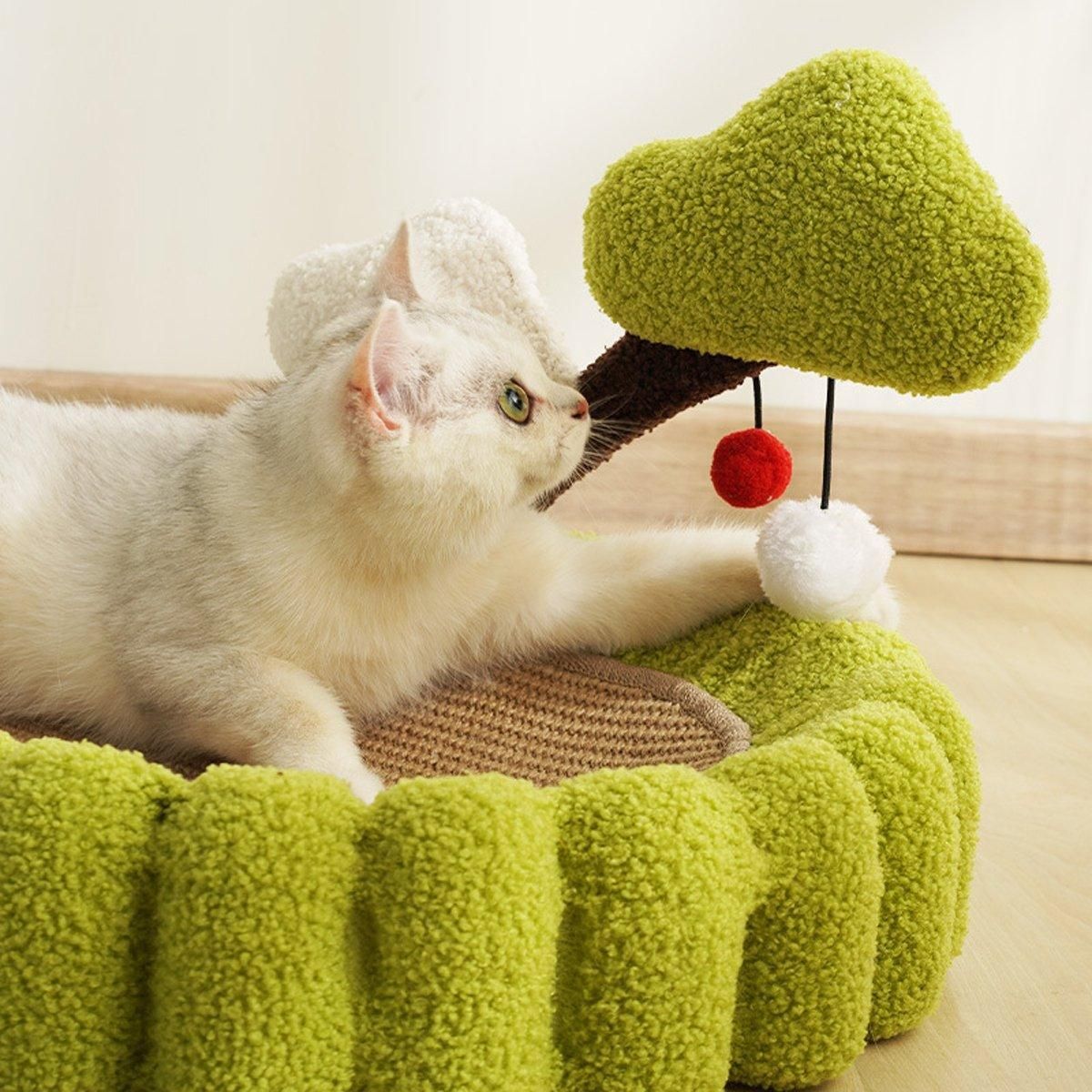Cat playing with a green cat toy on a soft green surface