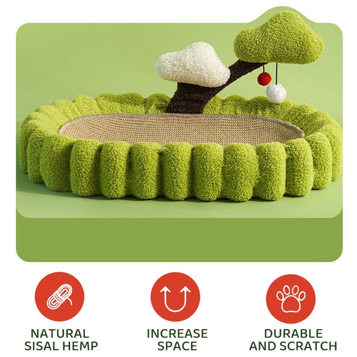 A green plush cat bed with a tree and cloud design, shown on a light green background with three red feature icons and text below: natural sisal hemp, increase space, and durable and scratch.