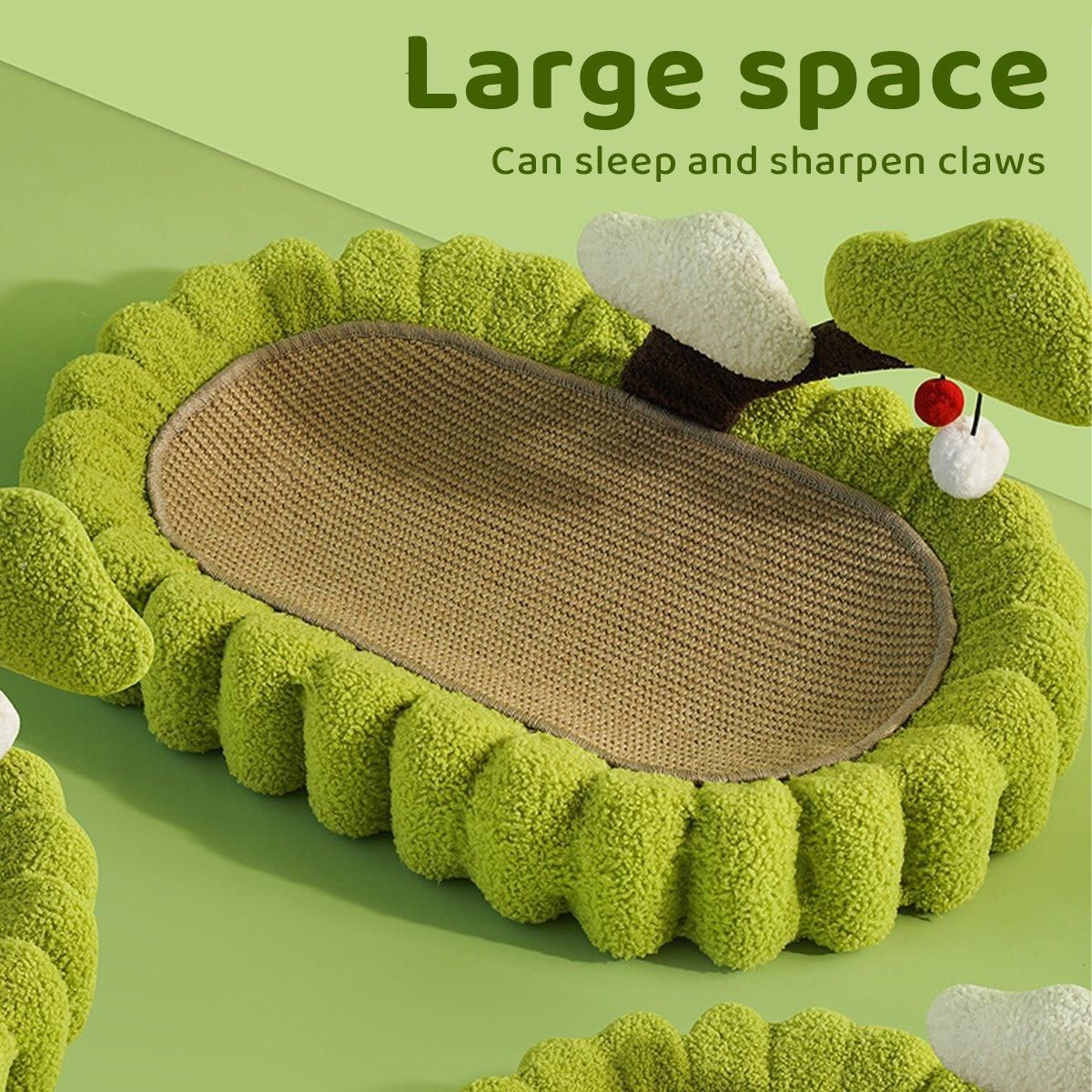 A green plush cat bed with a wavy ruffled border and a tan scratching pad inside, shown on a light green background with promotional text reading 'Large space' and 'Can sleep and sharpen claws.'.