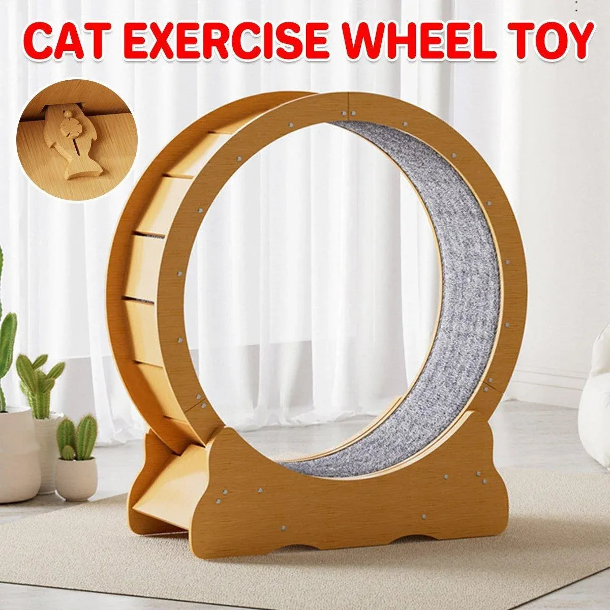 Wooden cat exercise wheel toy with gray circular track and side ramp