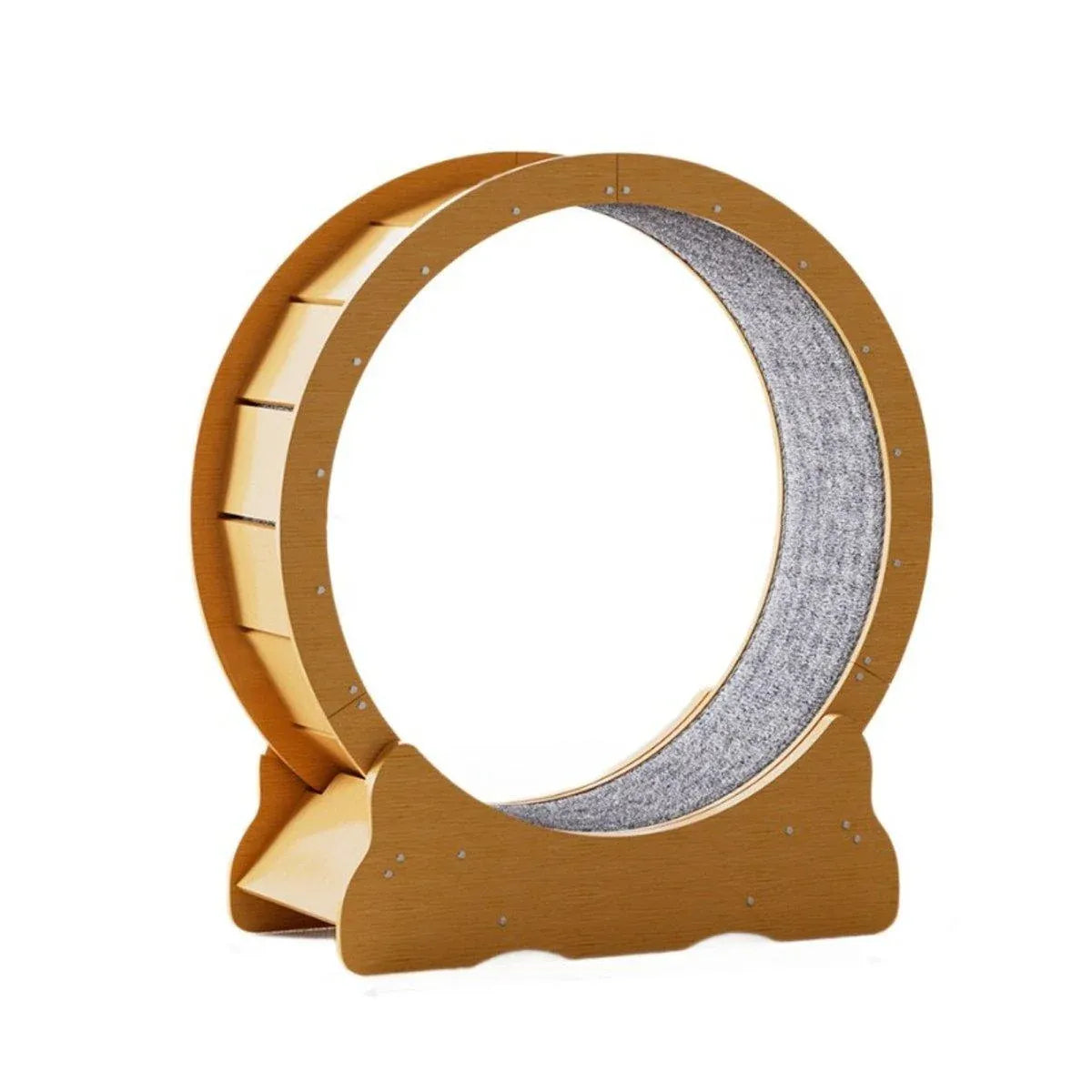 Wooden cat exercise wheel toy with gray inner ring and curved base support