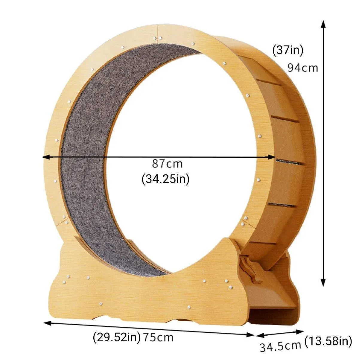 Wooden cat exercise wheel with gray inner ring, side ramp, and stable base