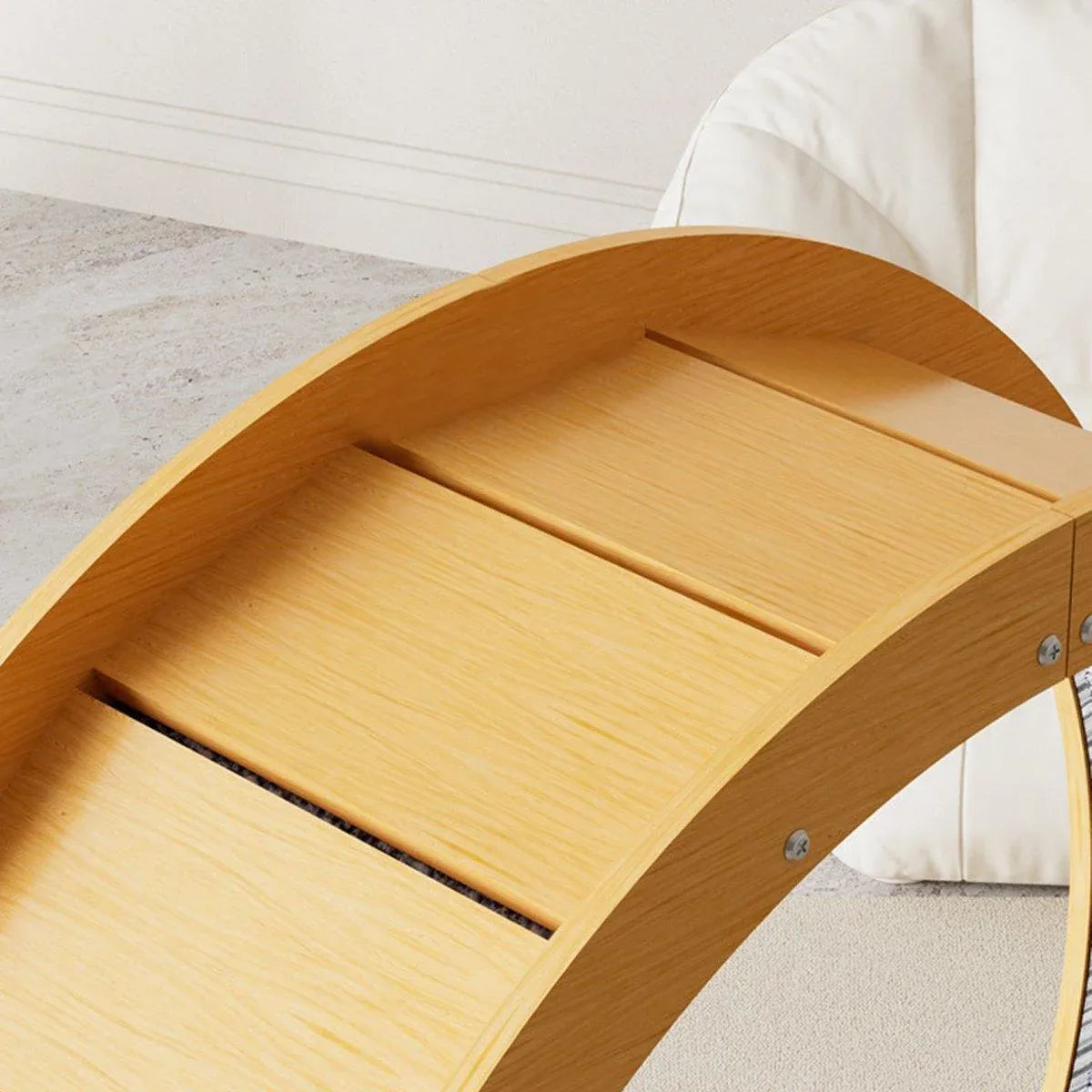 Wooden exercise wheel base with ribbed scratching platform and side frame