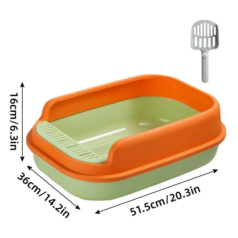 Semi-enclosed cat litter box with scoop, orange and green tray